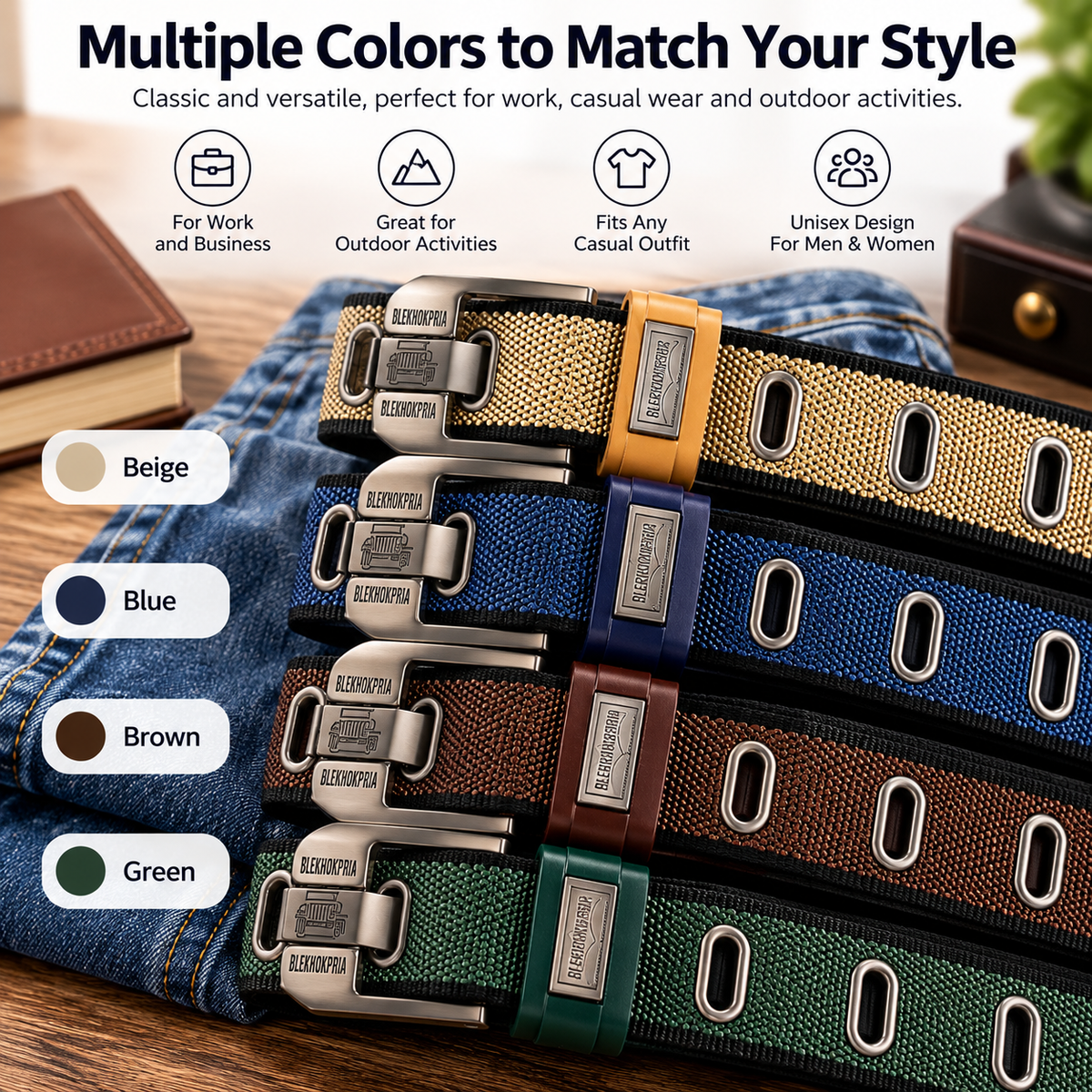Woven nylon belt color choices including beige, navy, black, brown, and green